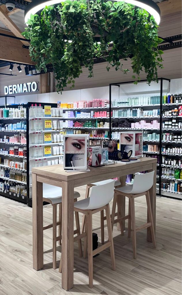 Table haute exposition pour corner nature dnas pharmacie