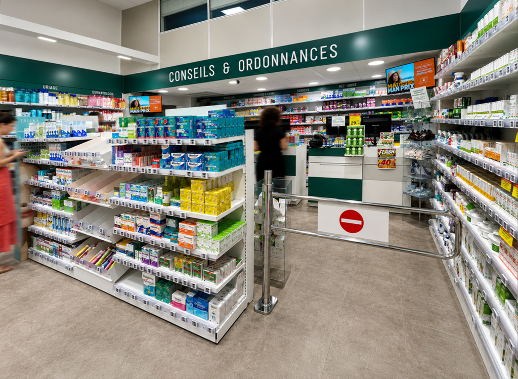 Portique de caisse et zone conseils à la Pharmacie des Pins à Juan-les-Pins
