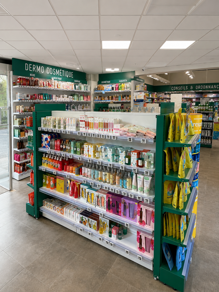 Tête de gondole dermo-cosmétique réaménagée à la Pharmacie des Pins